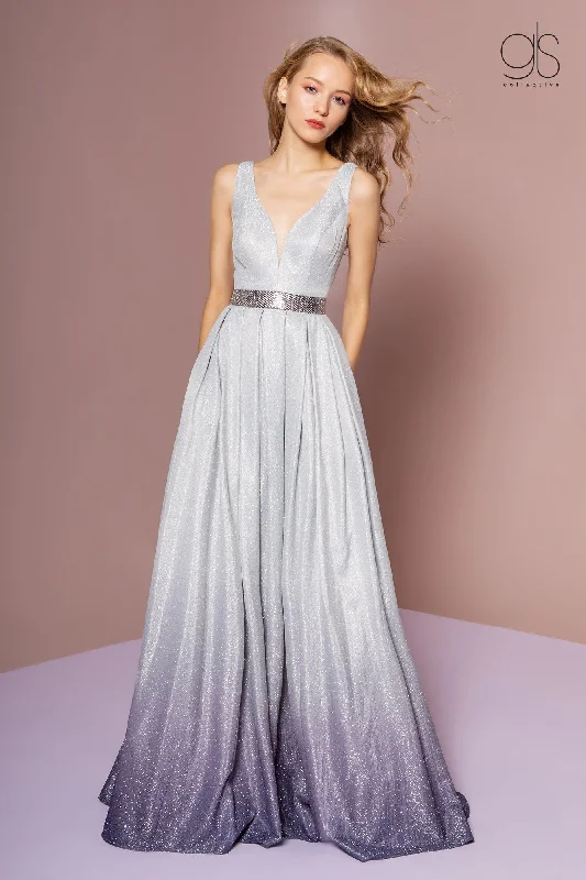cocktail dresses with satin belts for waist definition --Long Ombre Glitter Dress with Sheer V-Neckline by Elizabeth K GL2678 cocktail dresses with satin belts for waist definition --Long Ombre Glitter Dress with Sheer V-Neckline by Elizabeth K GL2678