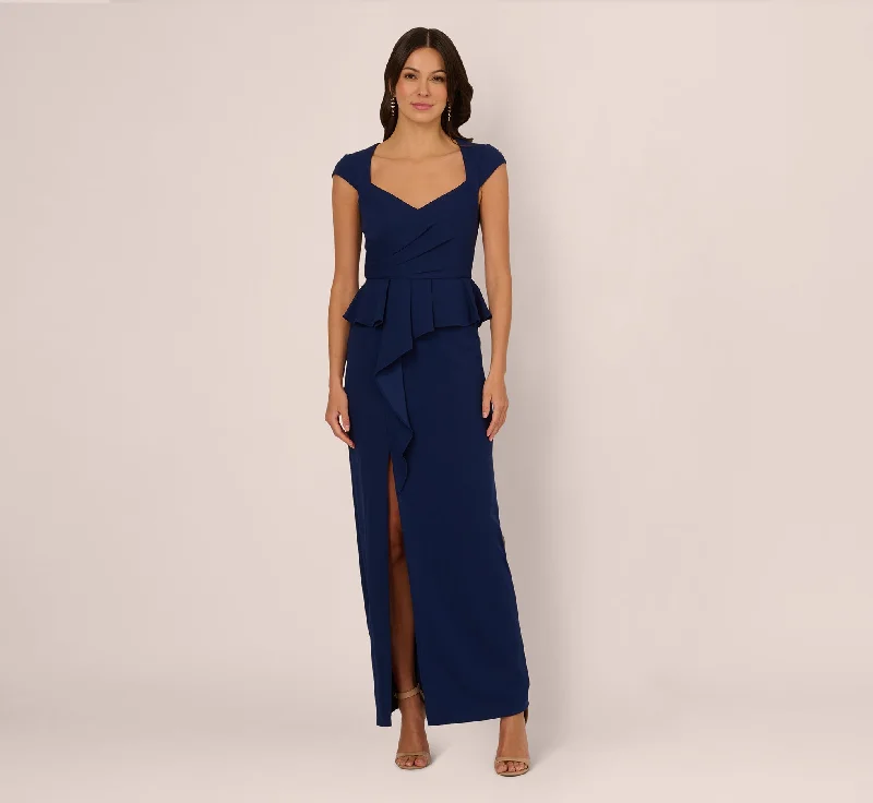 formal dresses with embroidered beadwork for luxury appeal --Cap Sleeve Draped Peplum Gown In Navy Sateen formal dresses with embroidered beadwork for luxury appeal --Cap Sleeve Draped Peplum Gown In Navy Sateen