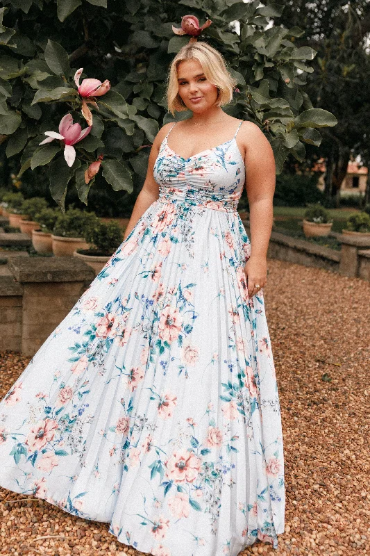 bridesmaid dresses with lace sleeves for classic elegance --Naira Pleated Maxi Dress - Blue Floral bridesmaid dresses with lace sleeves for classic elegance --Naira Pleated Maxi Dress - Blue Floral