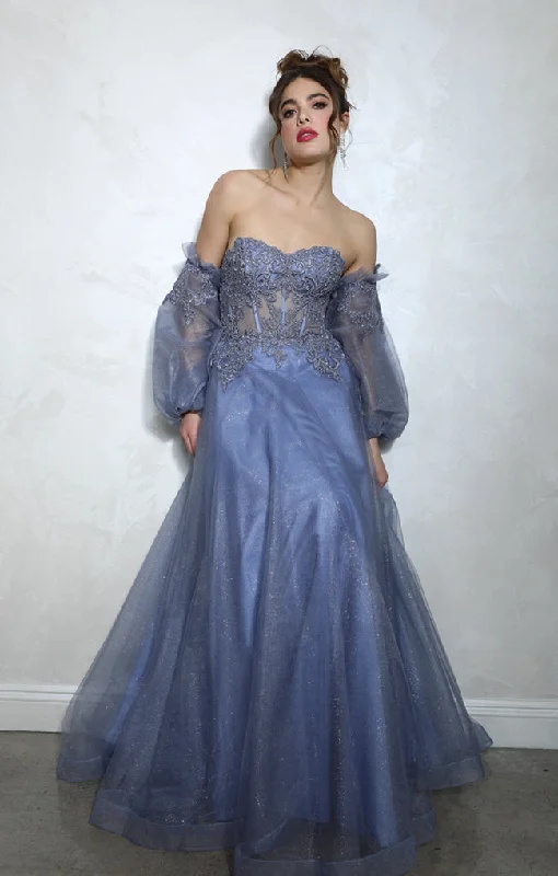 cocktail dresses with layered tulle skirts for volume --Strapless Puff Sleeve A-line Gown by Eureka 9505G