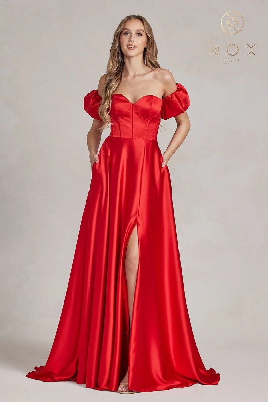 formal dresses for tall women with empire waistlines --Long Strapless A-line Slit Dress by Nox Anabel K1122
