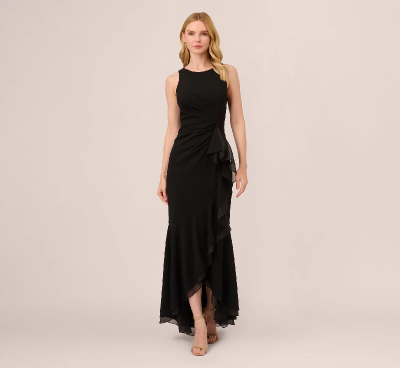 formal dresses for senior women with classic cuts --High Low Crepe Halter Gown With Organza Draping In Black