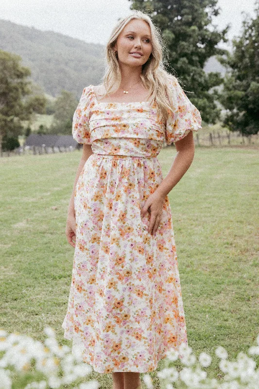 Spring dresses with empire waistlines for added comfort -Clo Puff Sleeve Midi Dress - Peach Floral