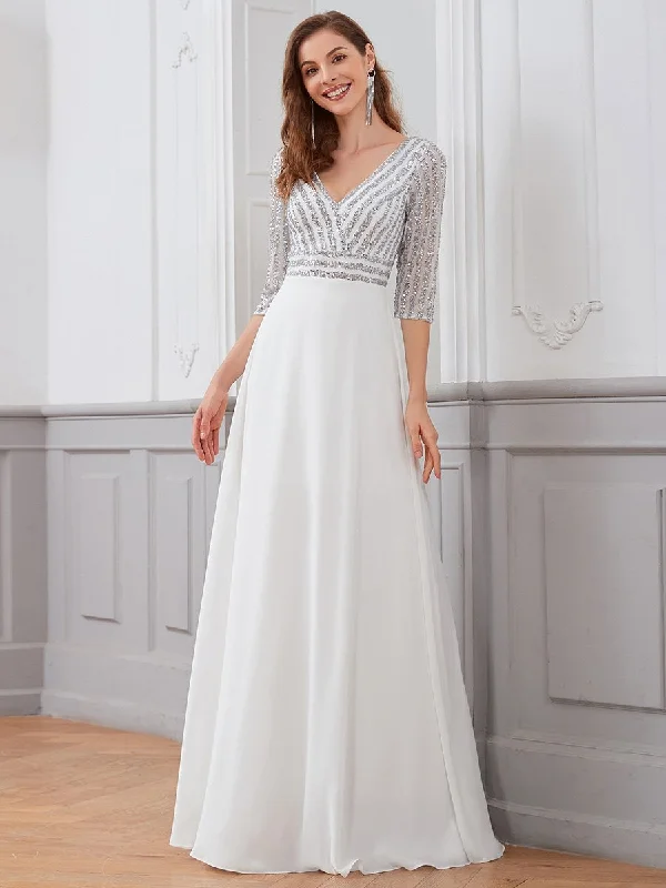 formal dresses with mesh sleeves for subtle coverage --Sexy V Neck A-Line Sequin Wholesale Evening Dresses With 3/4 Sleeve formal dresses with mesh sleeves for subtle coverage --Sexy V Neck A-Line Sequin Wholesale Evening Dresses With 3/4 Sleeve