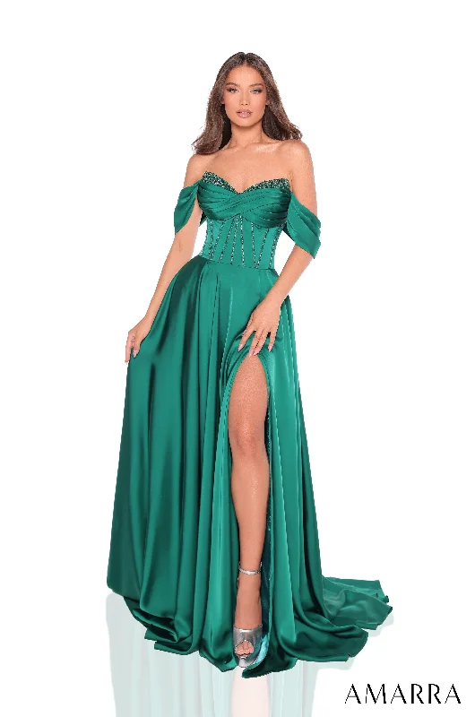 formal dresses with pleated skirts for graceful movement --Satin Off Shoulder A-line Slit Gown by Amarra 88367 formal dresses with pleated skirts for graceful movement --Satin Off Shoulder A-line Slit Gown by Amarra 88367