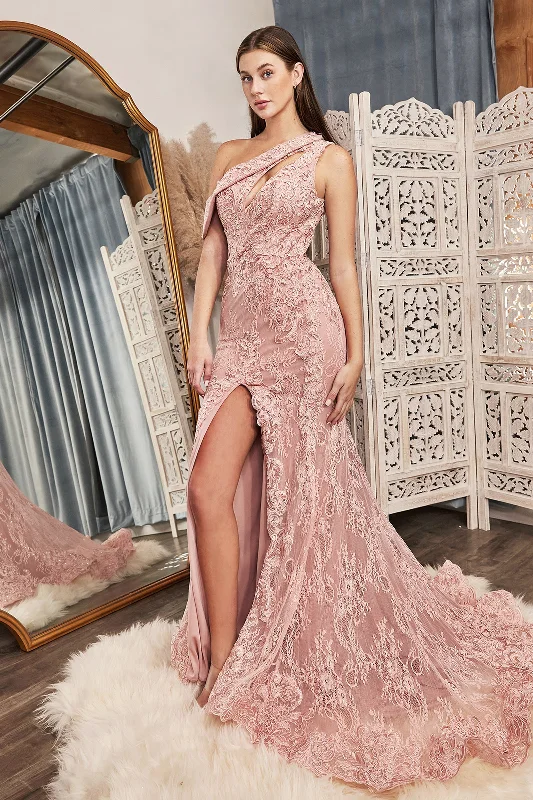 cocktail dresses with satin finish for luxurious look --One Shoulder Lace Gown by Cinderella Divine CD973 cocktail dresses with satin finish for luxurious look --One Shoulder Lace Gown by Cinderella Divine CD973