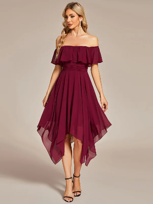 Simple dresses for intimate birthday parties -Off Shoulder Asymmetrical Hem Wholesale Chiffon Bridesmaid Dresses Simple dresses for intimate birthday parties -Off Shoulder Asymmetrical Hem Wholesale Chiffon Bridesmaid Dresses