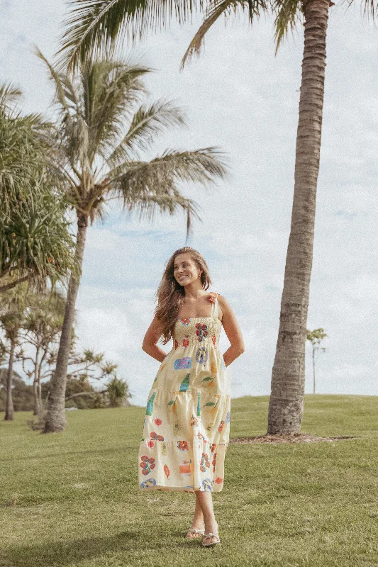 Chic black dress options for cocktail events -Sarelle Midi Dress - Yellow Pasta Print Chic black dress options for cocktail events -Sarelle Midi Dress - Yellow Pasta Print