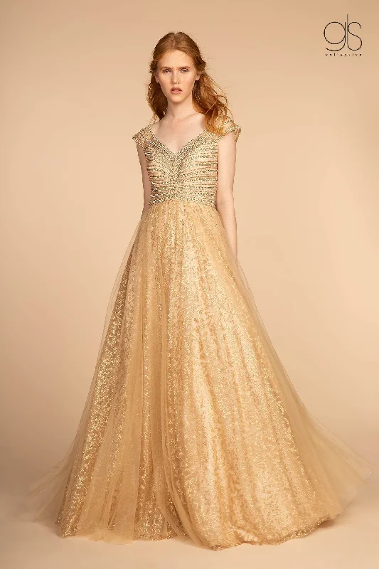 Best wedding guest dresses for formal and semi-formal events -Long Cap-Sleeve Glitter Print Dress by Elizabeth K GL2526