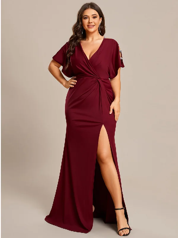 formal dresses with satin fabric for smooth texture --Plus Deep V Neck High Split Pleated Wholesale Evening Dresses formal dresses with satin fabric for smooth texture --Plus Deep V Neck High Split Pleated Wholesale Evening Dresses