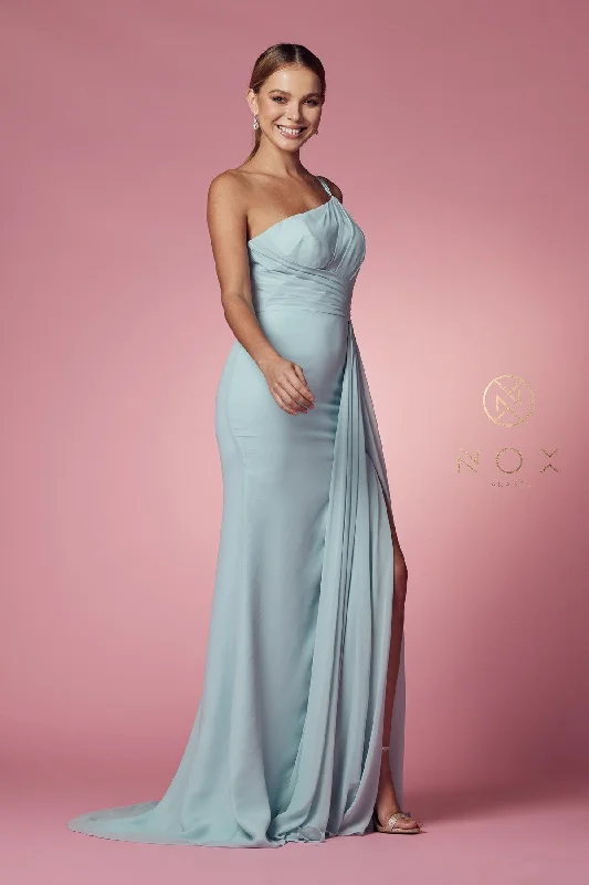 bridesmaid dresses with tiered skirts for volume --Ruched Long One Shoulder Dress by Nox Anabel E1005 bridesmaid dresses with tiered skirts for volume --Ruched Long One Shoulder Dress by Nox Anabel E1005