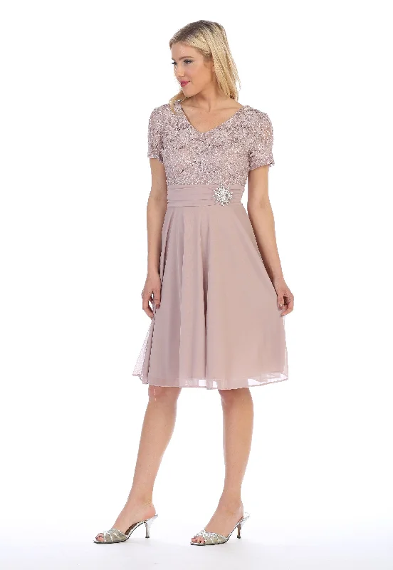 Graduation dresses with cap sleeves for added elegance -Short Knee Length Dress with Short Sleeve Lace Bodice by Celavie 6320-S Graduation dresses with cap sleeves for added elegance -Short Knee Length Dress with Short Sleeve Lace Bodice by Celavie 6320-S
