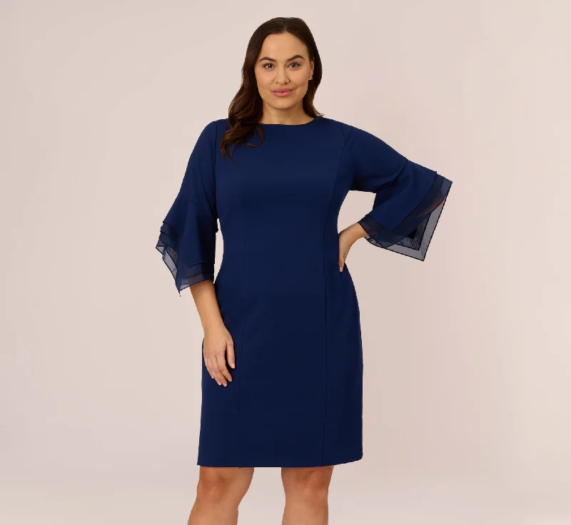 Spring dresses for evening parties with chic vibes -Plus Size Knit Crepe Sheath Dress With Tiered Three Quarter Sleeves In Navy Sateen Spring dresses for evening parties with chic vibes -Plus Size Knit Crepe Sheath Dress With Tiered Three Quarter Sleeves In Navy Sateen