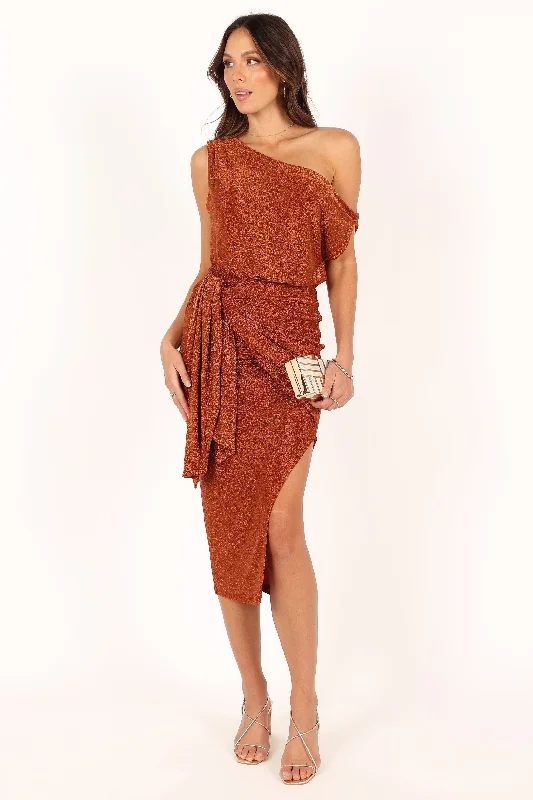 cocktail dresses with floral patterns for spring events --Santiago Off Shoulder Midi Dress - Bronze cocktail dresses with floral patterns for spring events --Santiago Off Shoulder Midi Dress - Bronze