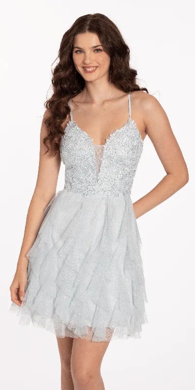 formal dresses with built-in bras for added support --Plunging Glitter Cascade Fit and Flare Dress with Lace Bodice formal dresses with built-in bras for added support --Plunging Glitter Cascade Fit and Flare Dress with Lace Bodice