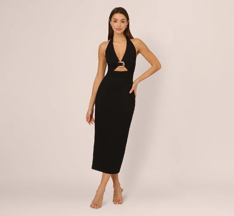 Wedding guest dresses with a flattering fit-and-flare design -Halter Buckle Detail Midi Dress In Black Wedding guest dresses with a flattering fit-and-flare design -Halter Buckle Detail Midi Dress In Black