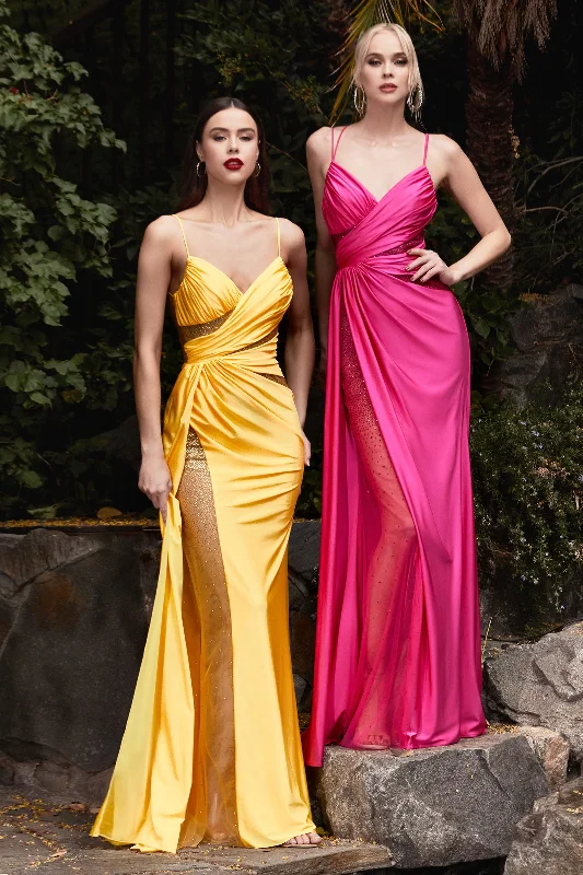 Wedding guest dresses with bell sleeves for a bohemian feel -Fitted Sheer Rhinestone Gown by Cinderella Divine CDS410