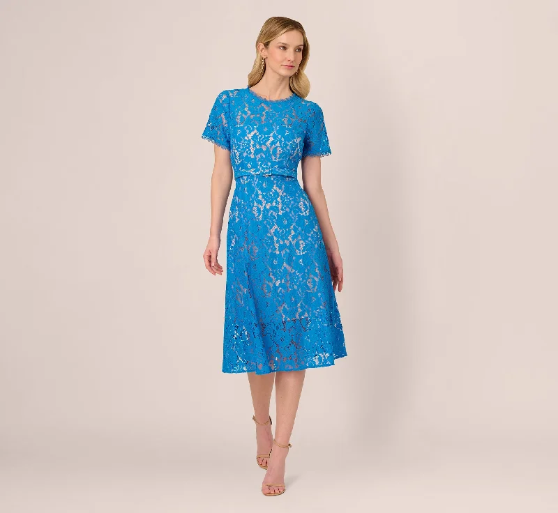 Simple yet elegant spring dresses for an effortless look -Short Sleeve Belted Lace Midi Dress In Blue Wave Simple yet elegant spring dresses for an effortless look -Short Sleeve Belted Lace Midi Dress In Blue Wave