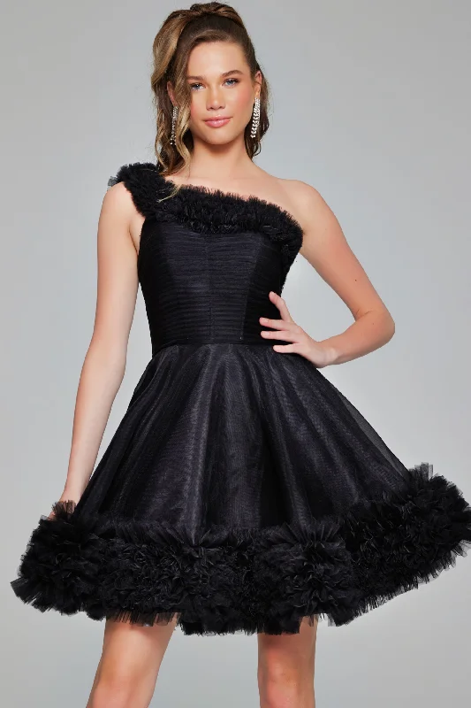 Chic silk party dresses for formal dinners -Tulle Short One Shoulder A-line Dress by Jovani 39665 Chic silk party dresses for formal dinners -Tulle Short One Shoulder A-line Dress by Jovani 39665
