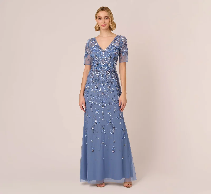 formal dresses for bridesmaids in matching pastel colors --3D Floral Beaded Mermaid Gown With Sheer Short Sleeves In French Blue formal dresses for bridesmaids in matching pastel colors --3D Floral Beaded Mermaid Gown With Sheer Short Sleeves In French Blue