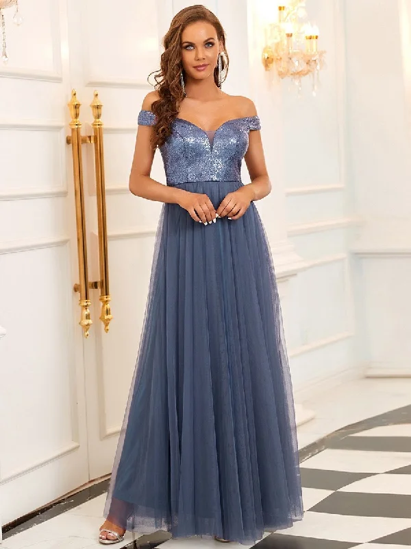 formal dresses for cocktail parties with fitted silhouettes --Wholesale High Waist Tulle & Sequin Sleeveless Evening Dress
