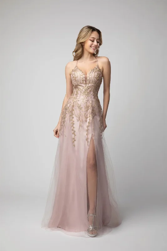 sleeveless cocktail dresses in satin fabric for summer nights --Embroidered Lace-Up Back A-line Slit Gown by Juno 0936 sleeveless cocktail dresses in satin fabric for summer nights --Embroidered Lace-Up Back A-line Slit Gown by Juno 0936