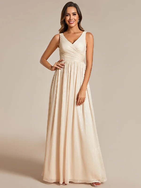 Midi dresses for evening cocktail parties -Glittery Floor Length V-Neck Sleeveless Evening Dress Midi dresses for evening cocktail parties -Glittery Floor Length V-Neck Sleeveless Evening Dress