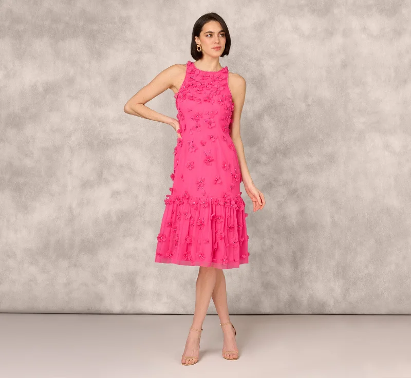 Wedding guest dresses with delicate lace trim for a feminine touch -3D Floral And Bead Embellished Midi Dress With Flounce Skirt In Electric Pink Wedding guest dresses with delicate lace trim for a feminine touch -3D Floral And Bead Embellished Midi Dress With Flounce Skirt In Electric Pink