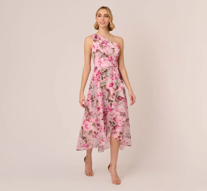 Wedding guest dresses with tulle for a whimsical touch -Floral Print Organza Midi Dress With One Shoulder Neckline In Pink Multi Wedding guest dresses with tulle for a whimsical touch -Floral Print Organza Midi Dress With One Shoulder Neckline In Pink Multi