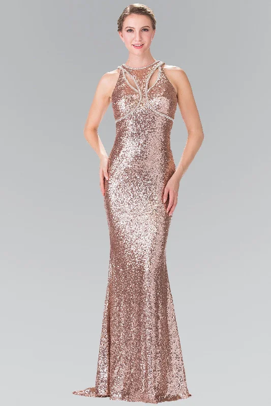 cocktail dresses with mesh necklines for modern appeal --Open Back Sequined Dress with Jeweled Accents by Elizabeth K GL2217