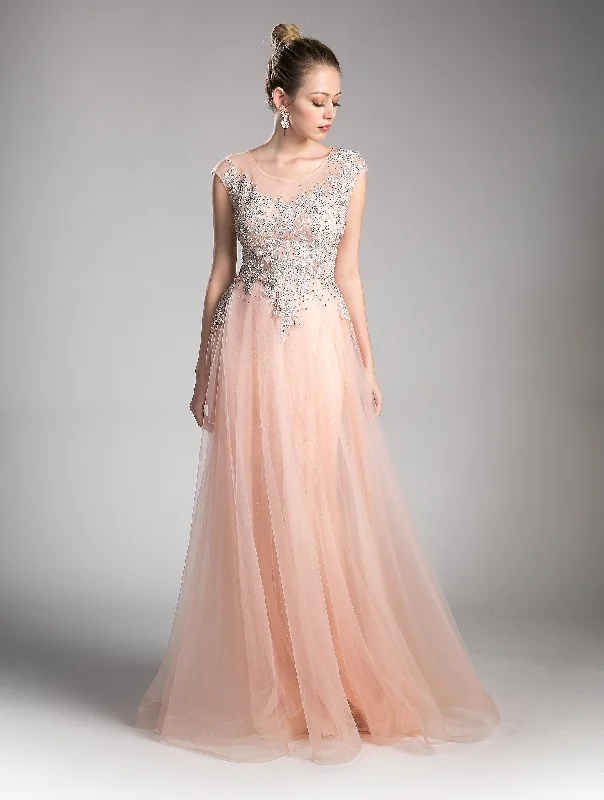 Wedding guest dresses that work well with metallic accessories -Beaded Cap Sleeve Tulle Gown by Cinderella Divine 8992 Wedding guest dresses that work well with metallic accessories -Beaded Cap Sleeve Tulle Gown by Cinderella Divine 8992