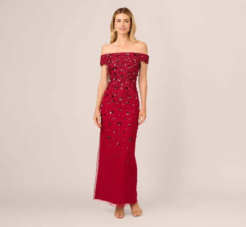 formal dresses for church events with modest hemlines --Off Shoulder Dress With Floral Embellishment In Cranberry