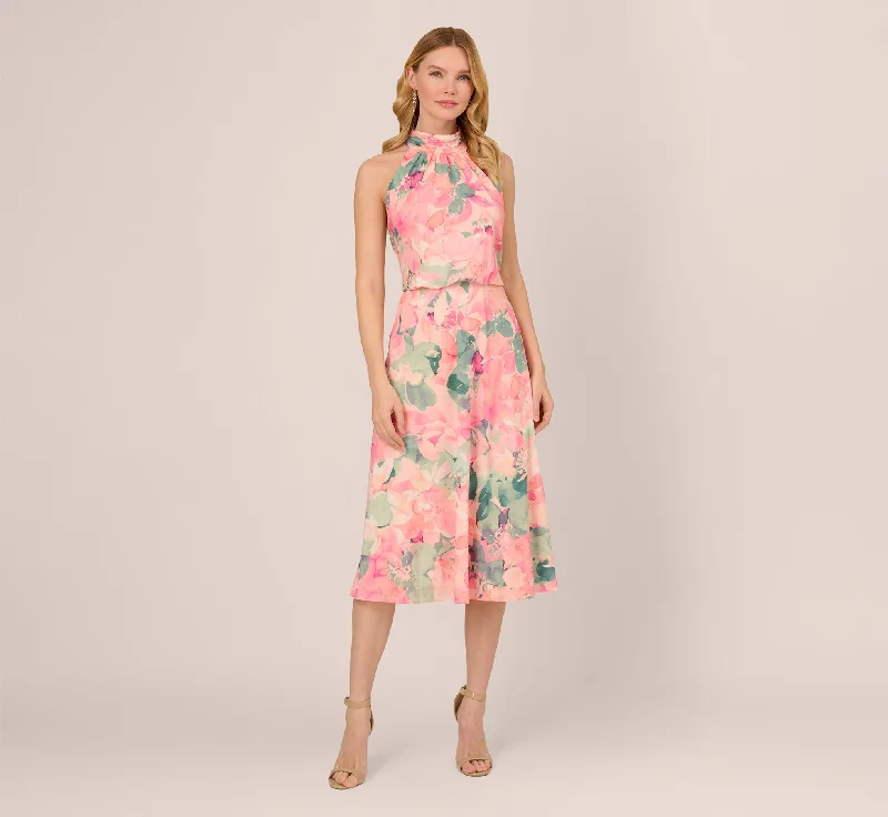 Wedding guest dresses that combine comfort and elegance -Floral Print Chiffon Halter Dress With Mock Neck In Blush Multi Wedding guest dresses that combine comfort and elegance -Floral Print Chiffon Halter Dress With Mock Neck In Blush Multi
