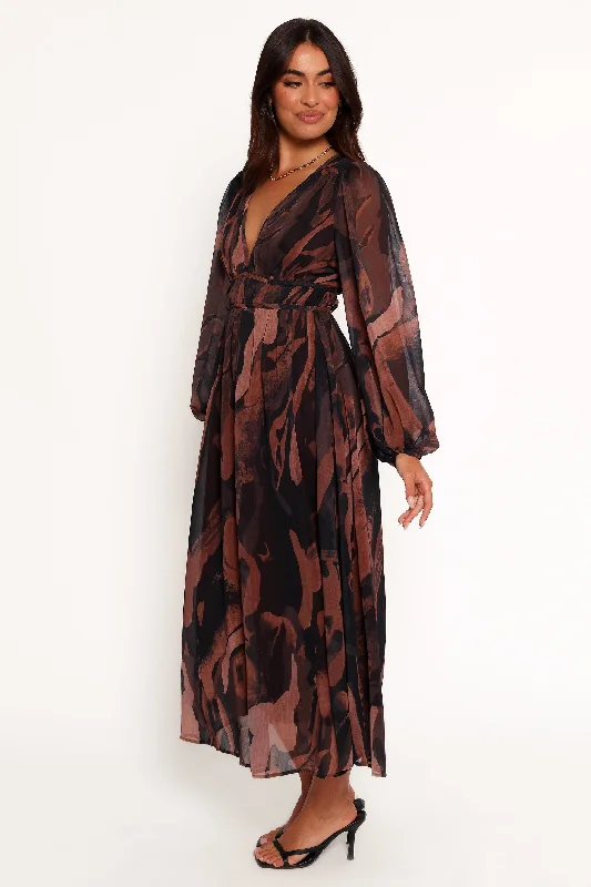 Wedding guest dresses with simple, clean lines for understated elegance -Blayze Long Sleeve Maxi Dress - Brown Print Wedding guest dresses with simple, clean lines for understated elegance -Blayze Long Sleeve Maxi Dress - Brown Print