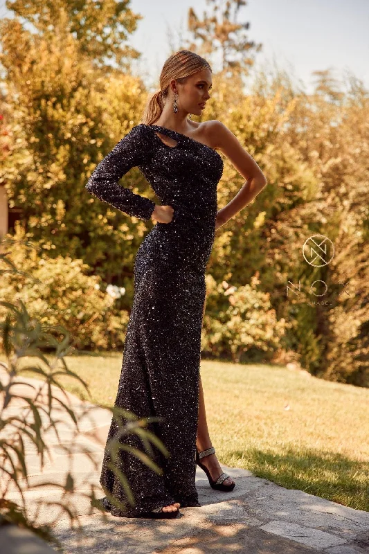 cocktail dresses with sequined accents for festive look --Fitted One Sleeve Sequin Gown by Nox Anabel S1013