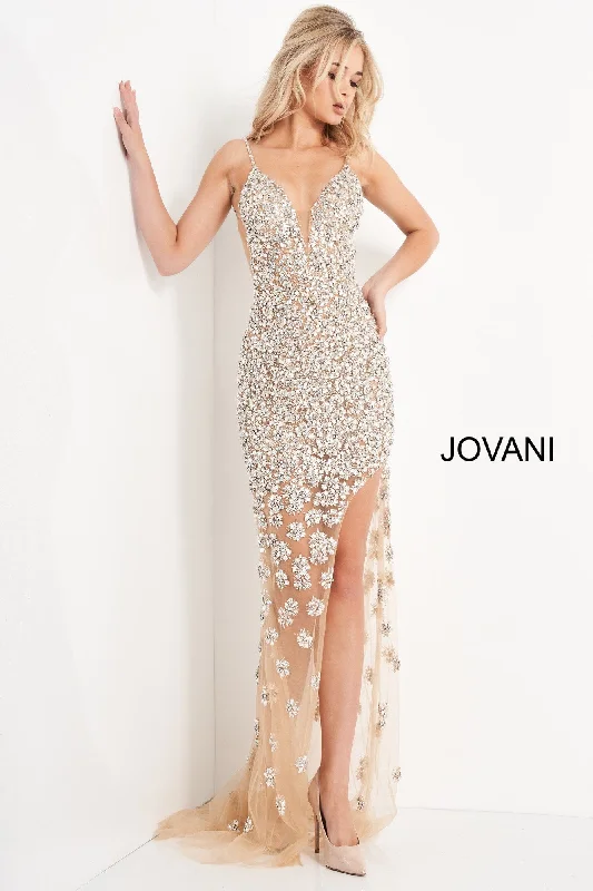 formal dresses with off-shoulder sleeves for summer events --Beaded Fitted Sleeveless Slit Gown by Jovani 02492 formal dresses with off-shoulder sleeves for summer events --Beaded Fitted Sleeveless Slit Gown by Jovani 02492