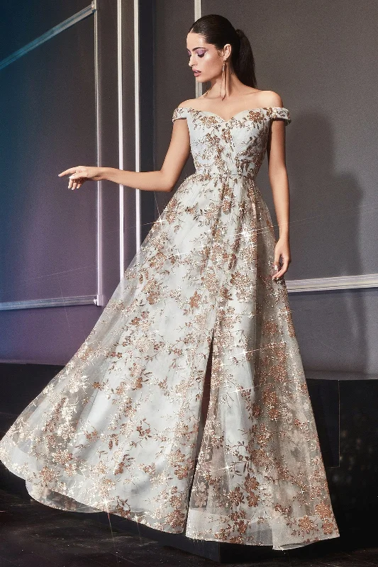 Perfect dresses for a wedding guest attending a winter wedding -Glitter Print Off Shoulder Gown by Cinderella Divine CB069 Perfect dresses for a wedding guest attending a winter wedding -Glitter Print Off Shoulder Gown by Cinderella Divine CB069
