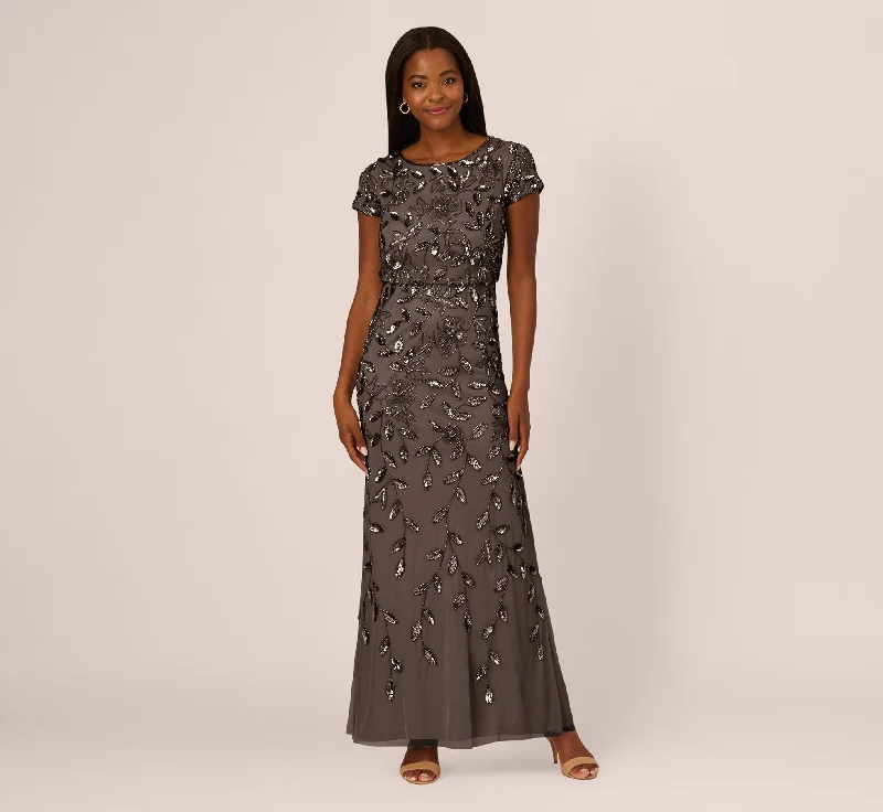 formal dresses for prom with tulle skirts and corset tops --Blouson Short Sleeve Beaded Long Dress In Lead formal dresses for prom with tulle skirts and corset tops --Blouson Short Sleeve Beaded Long Dress In Lead
