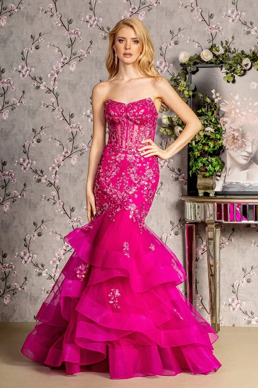cocktail dresses with halter tops for chic style --Applique Strapless Tiered Mermaid Dress by GLS Gloria GL3216