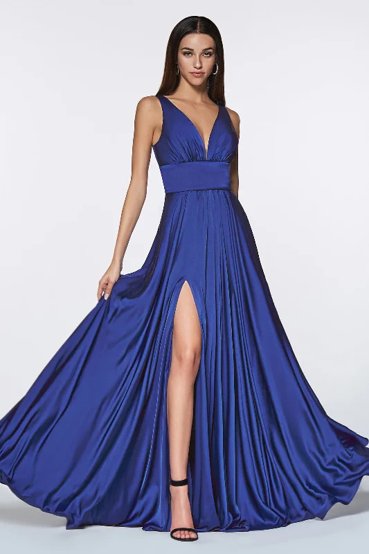Sophisticated wedding guest dresses with tailored lines and cuts -Long Satin V-Neck Dress with Slit by Cinderella Divine 7469 - Outlet Sophisticated wedding guest dresses with tailored lines and cuts -Long Satin V-Neck Dress with Slit by Cinderella Divine 7469 - Outlet