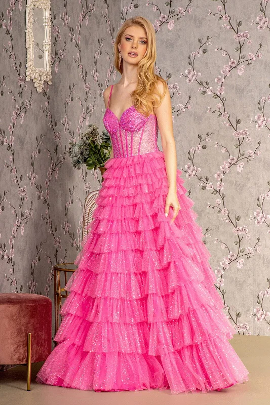 cocktail dresses with satin fabric for smooth texture --Beaded Sheer Corset Tiered Ruffled Gown by GLS Gloria GL3463 cocktail dresses with satin fabric for smooth texture --Beaded Sheer Corset Tiered Ruffled Gown by GLS Gloria GL3463