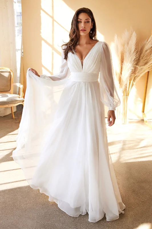 Best wedding guest dresses for winter holiday weddings -White Long Sleeve Chiffon Gown by Cinderella Divine CD0192W Best wedding guest dresses for winter holiday weddings -White Long Sleeve Chiffon Gown by Cinderella Divine CD0192W