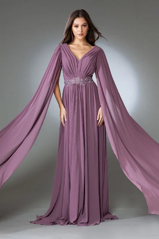 Elegant wedding guest dresses that suit all skin tones -Cape Sleeve V-Neck Chiffon Gown by Amelia Couture AC0011