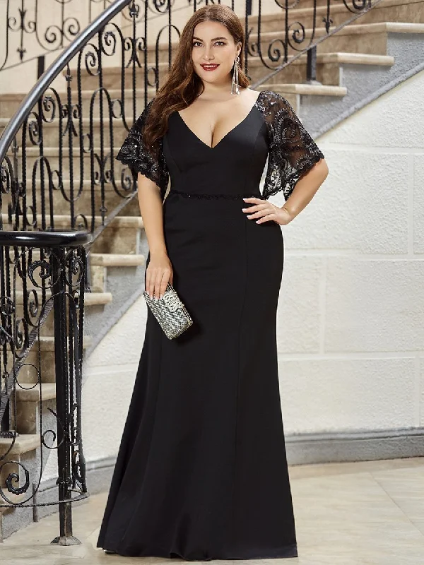 formal dresses with floral embroidery for spring occasions --Elegant Plus Size V Neck Fishtail Evening Dress Wholesale