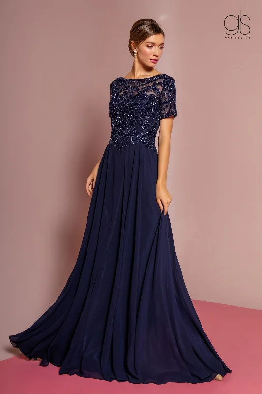 Wedding guest dresses with a flowy silhouette for comfort -Embroidered Chiffon Gown with Short Sleeves by Elizabeth K GL2683 Wedding guest dresses with a flowy silhouette for comfort -Embroidered Chiffon Gown with Short Sleeves by Elizabeth K GL2683