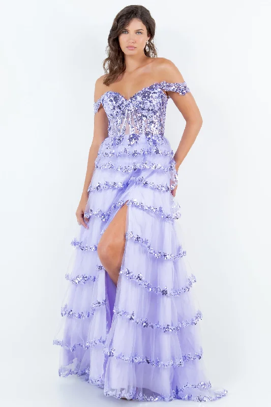 cocktail dresses with tiered ruffles for dramatic effect --Off Shoulder Tiered Gown by Cinderella Couture 8228J cocktail dresses with tiered ruffles for dramatic effect --Off Shoulder Tiered Gown by Cinderella Couture 8228J