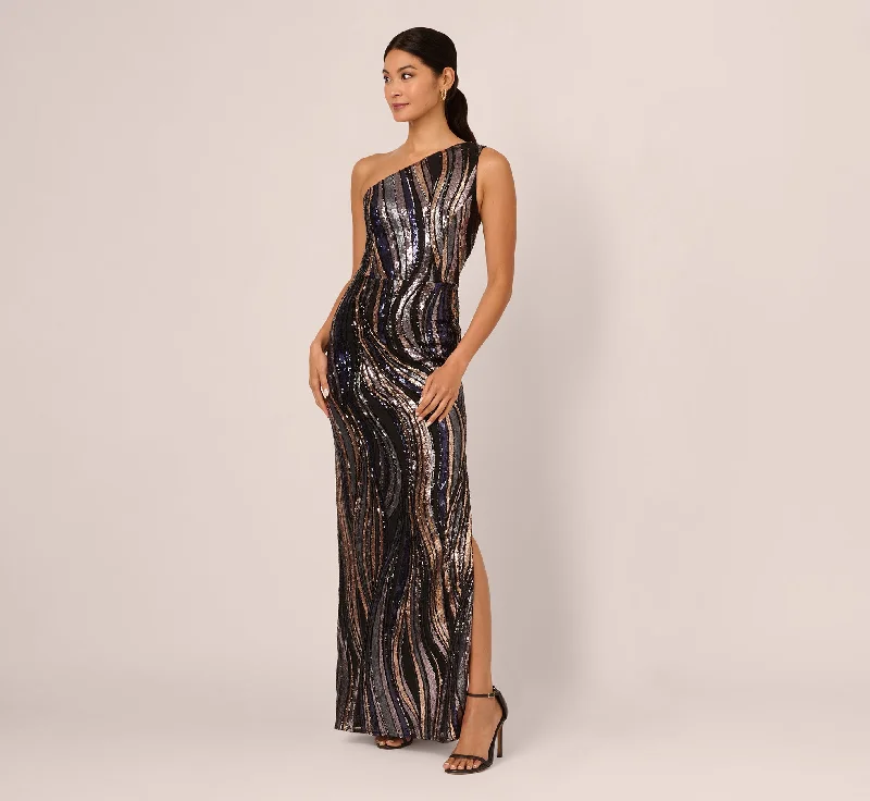formal dresses with sleeves for office parties --One Shoulder Abstract Sequin Gown In Black Multi formal dresses with sleeves for office parties --One Shoulder Abstract Sequin Gown In Black Multi