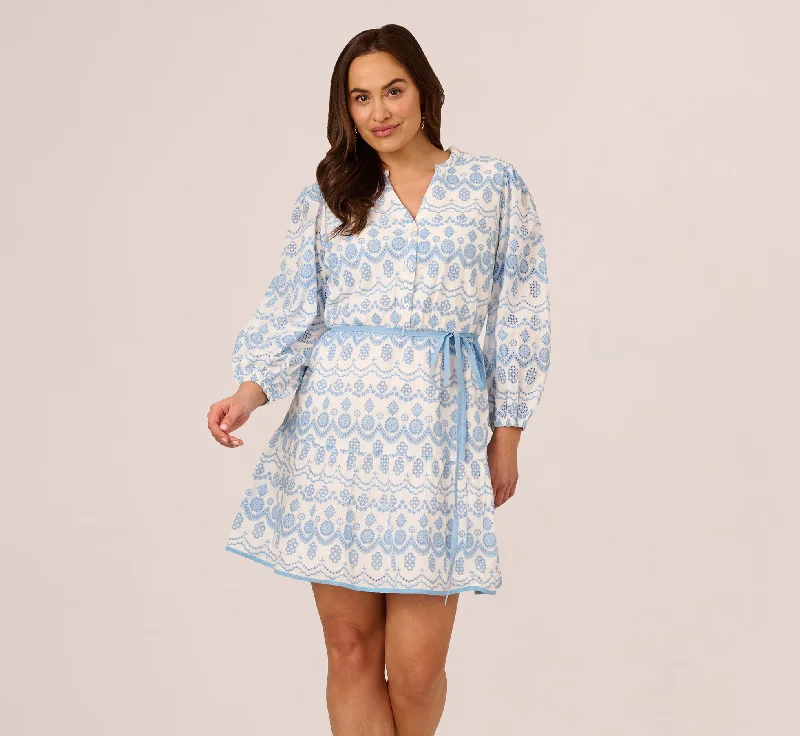 Chic wedding guest dresses that are perfect for spring -Plus Size Long Sleeve Flounce Eyelet Shirt Dress In Light Blue Ivory Chic wedding guest dresses that are perfect for spring -Plus Size Long Sleeve Flounce Eyelet Shirt Dress In Light Blue Ivory