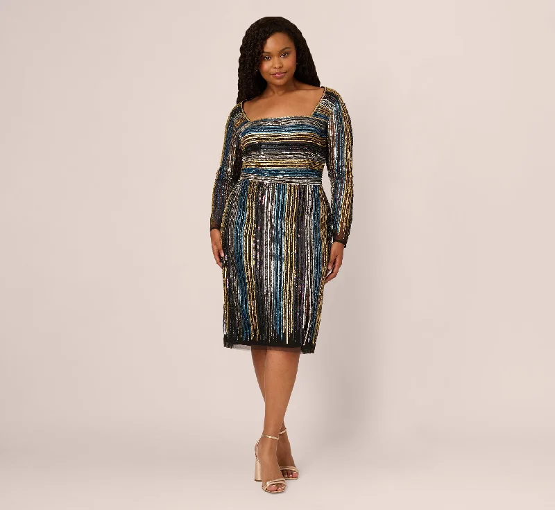 Trendy wedding guest dresses with asymmetrical hemlines -Plus Size Sequin Beaded Sheath Dress With Sheer Long Sleeves In Black Blue Multi Trendy wedding guest dresses with asymmetrical hemlines -Plus Size Sequin Beaded Sheath Dress With Sheer Long Sleeves In Black Blue Multi