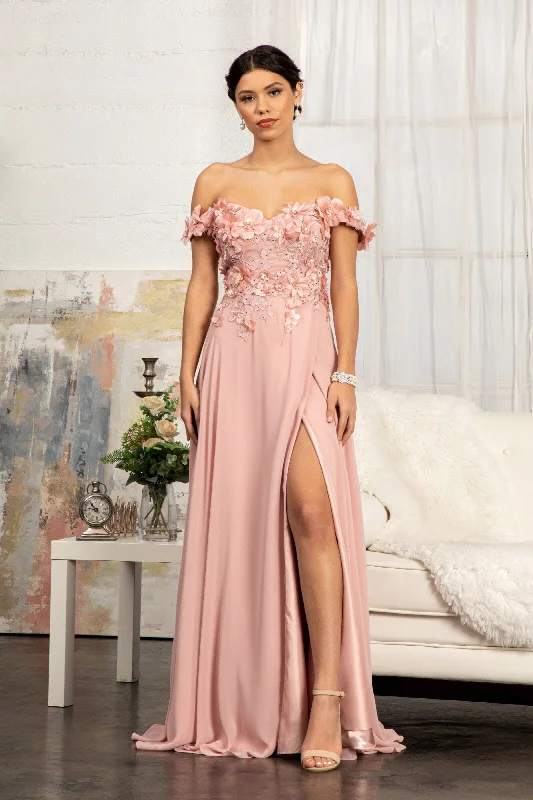 bridesmaid dresses with sequined bodices for sparkle --3D Floral Off Shoulder Slit Gown by Elizabeth K GL3018